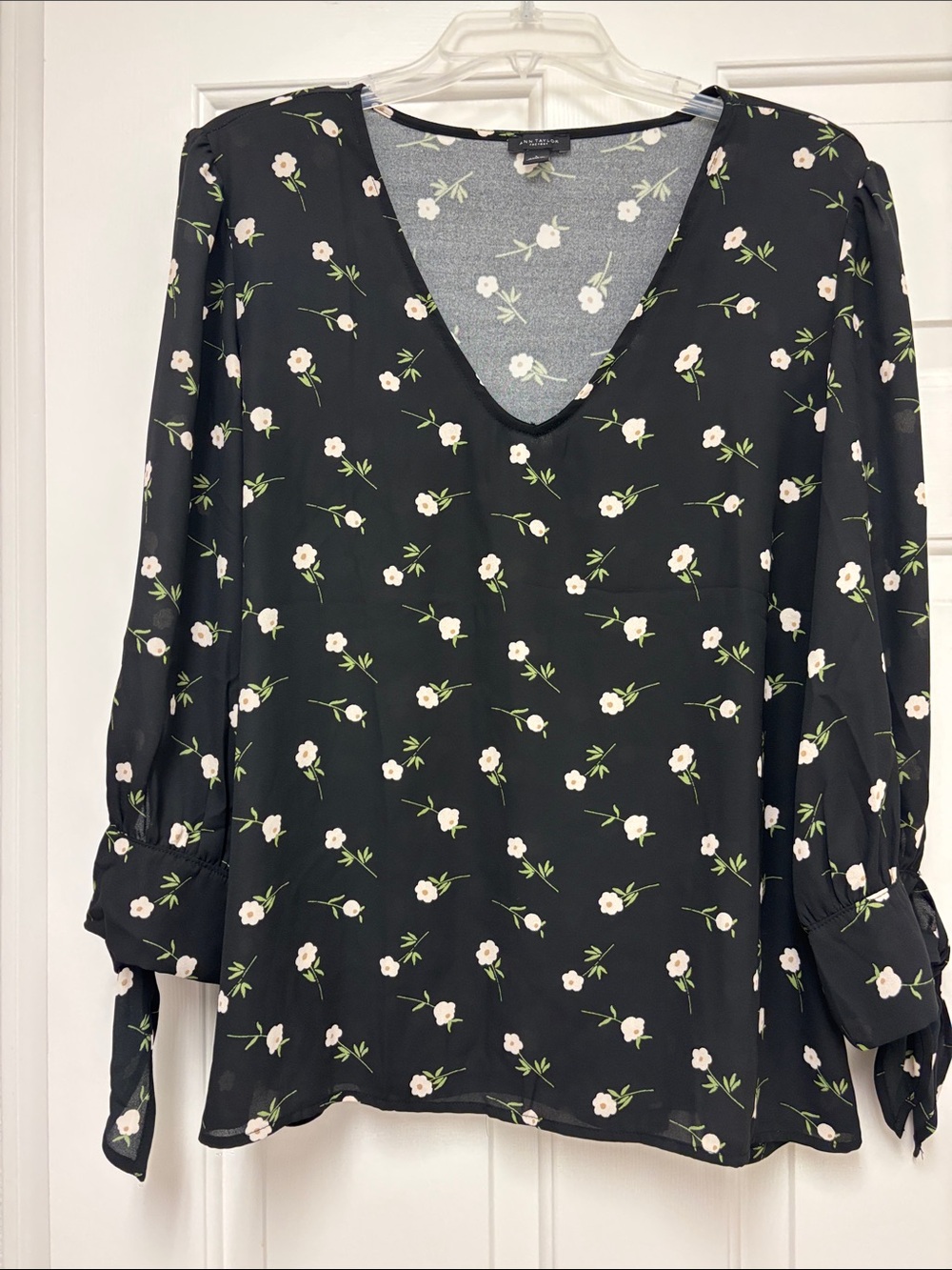 Ann Taylor Factory Black Floral V-Neck Tie-Sleeve Blouse
